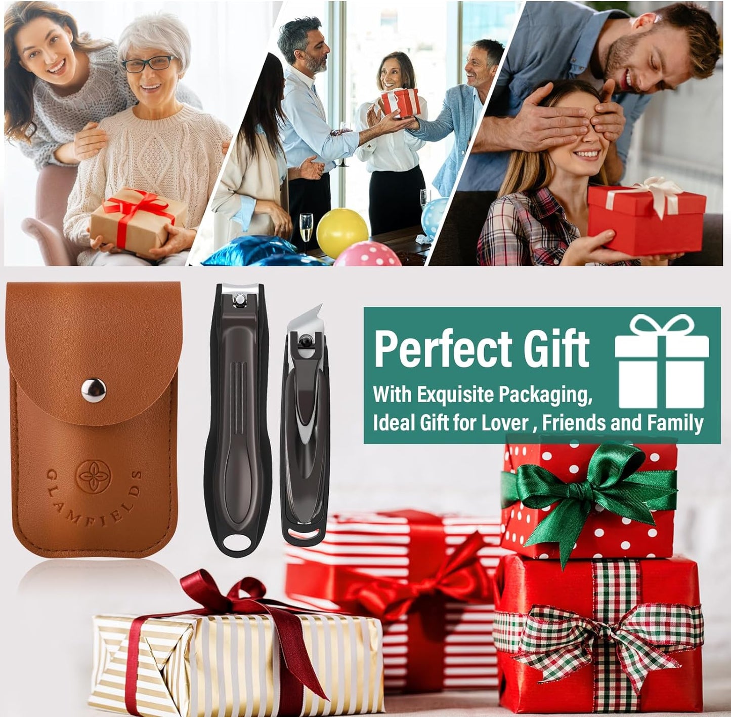 GLAMFIELDS Nail Clipper with Catcher, Large Fingernail Toenail Clipper,Slanted Edge Nail Clippers Leather Case Packed Good Gift for Men and Women 2PACK