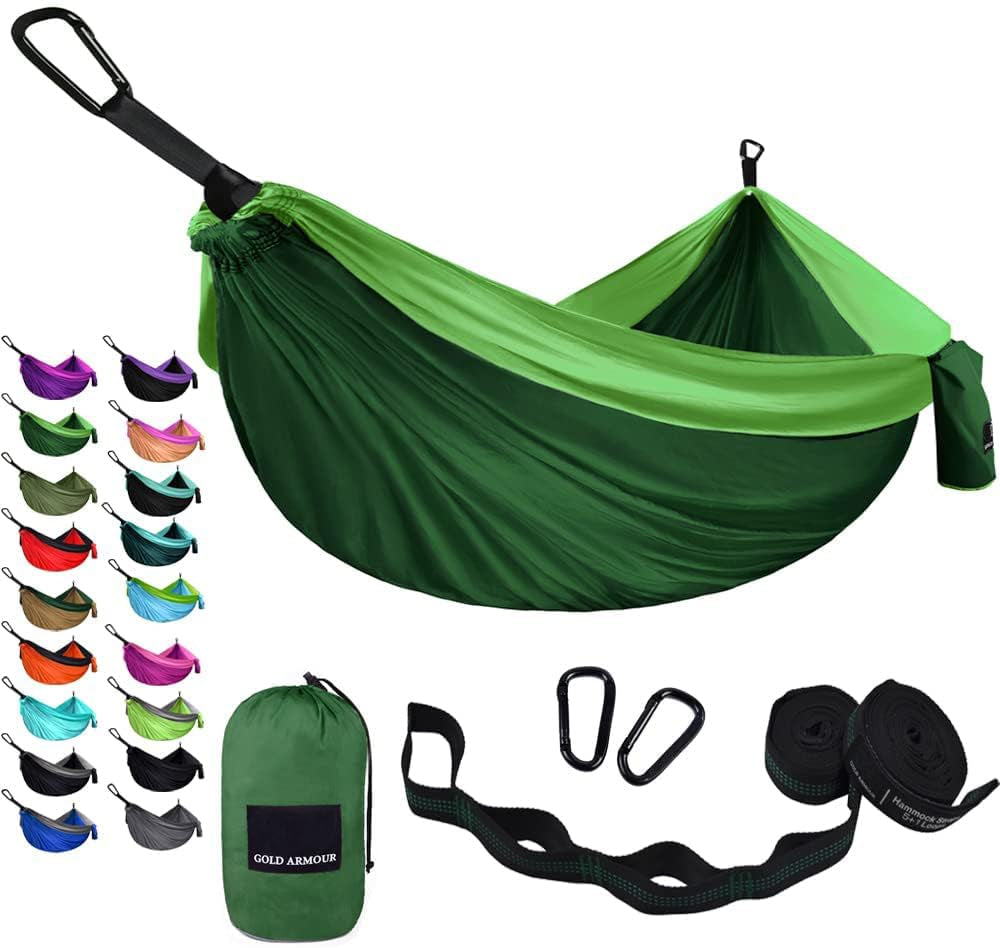 Gold Armour Camping Hammock - Portable Hammock Single Hammock Camping Accessories Gear for Outdoor Indoor Adult Kids, USA Based Brand (Light Blue & Grey)