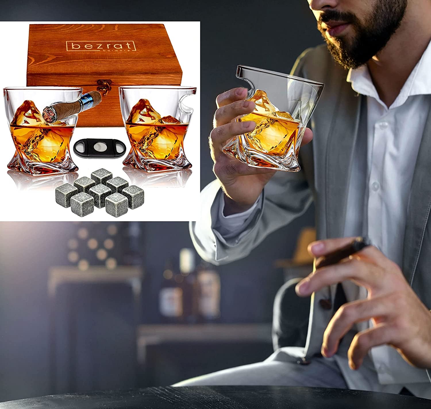 Bezrat Old Fashioned Whiskey Cigar Glasses with Side Mounted Cigar Holder + Whisky Chilling Stones and Accessories in Wooden Box - Scotch Bourbon Set for Dad, Husband, Fathers Day, Birthday Gift Set