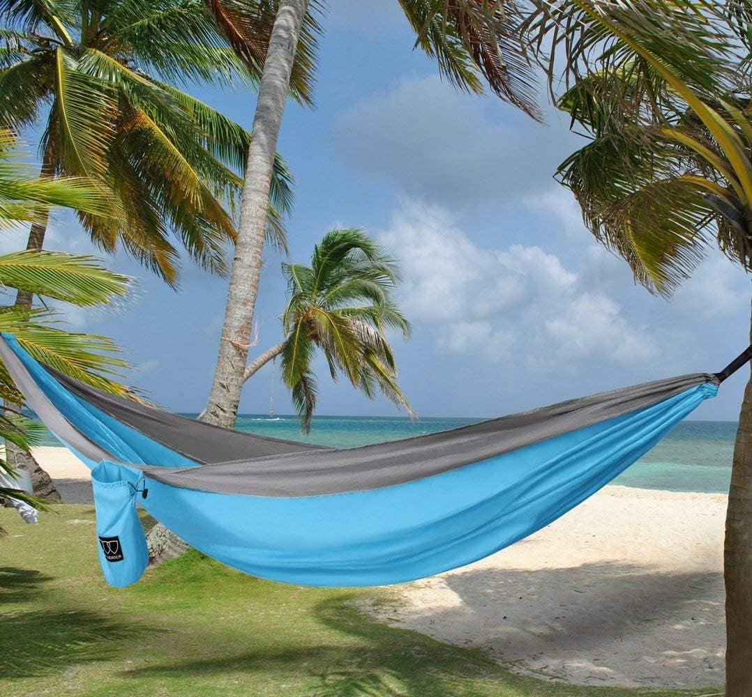 Gold Armour Camping Hammock - Portable Hammock Single Hammock Camping Accessories Gear for Outdoor Indoor Adult Kids, USA Based Brand (Light Blue & Grey)