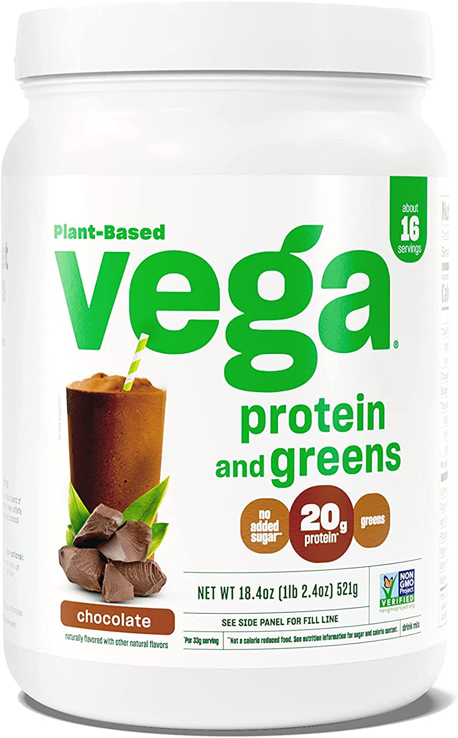 Vega Protein and Greens Protein Powder, Chocolate - 20G Plant Based Protein plus Veggies, Vegan, Non GMO, Pea Protein for Women and Men, 1Lbs (Packaging May Vary)