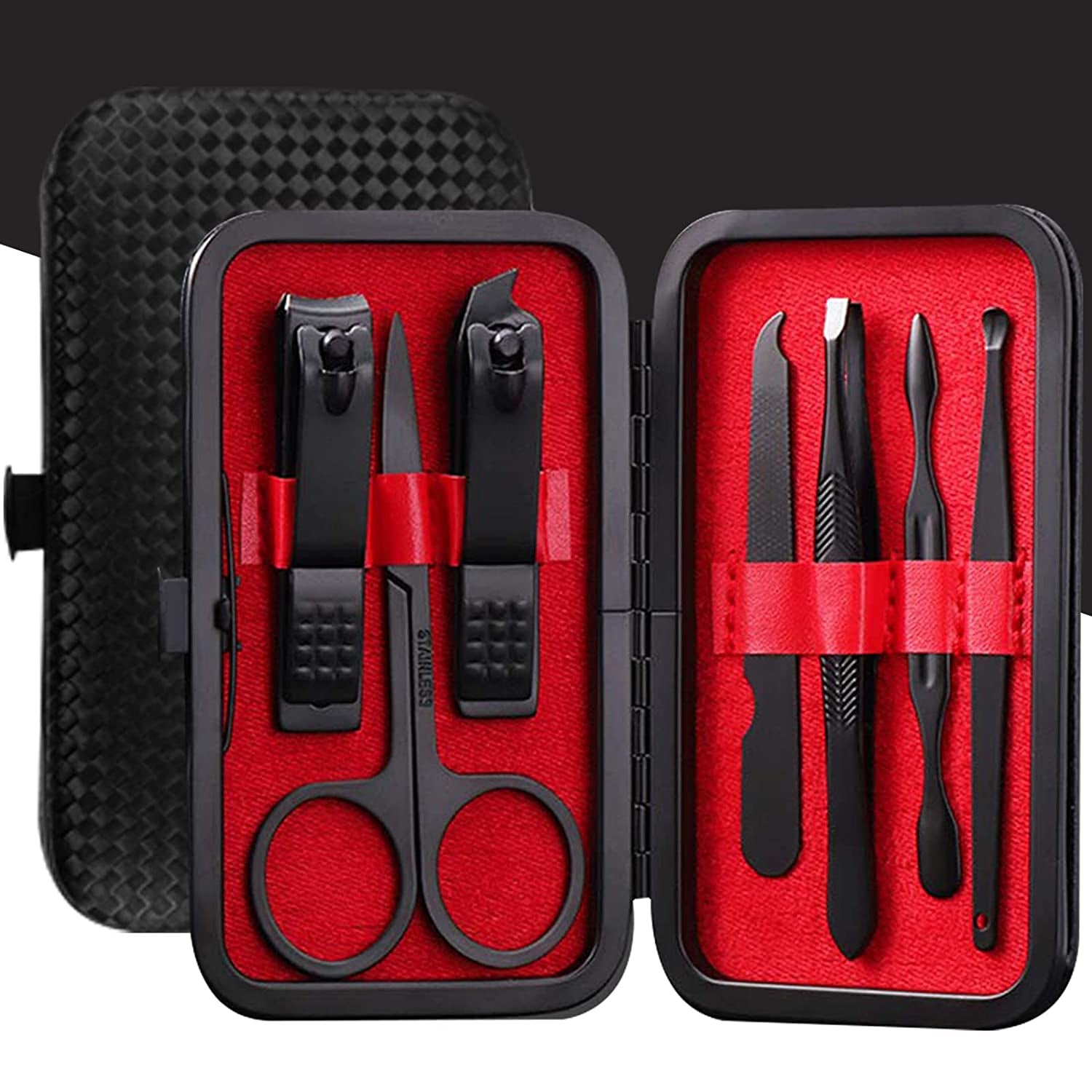 Manicure Set Pedicure Kit Professional 19 Pcs Nail Clipper for Men & Women Stainless Steel Sharp Cutter Grooming Nose Hair Scissors…Black Fingernails & Toenails with Portable Case (Wine Red_19 Pieces)