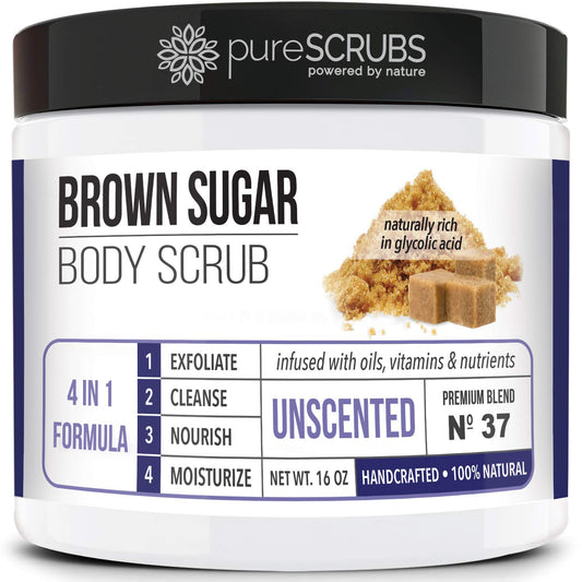 Purescrubs Premium Organic Brown Sugar UNSCENTED FACE & BODY SCRUB Set - Large 16Oz, Infused with Organic Essential Oils & Nutrients INCLUDES Wooden Spoon, Loofah & Mini Exfoliating Bar Soap