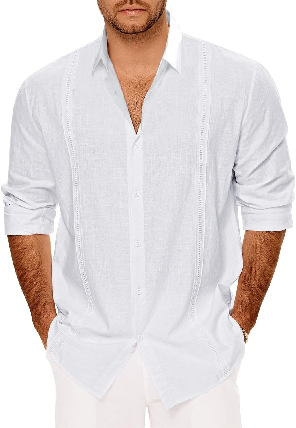 Mens Casual Long Sleeve Cotton Linen Shirts Buttons down Solid Plain Roll-Up Sleeve Summer Beach Shirts
