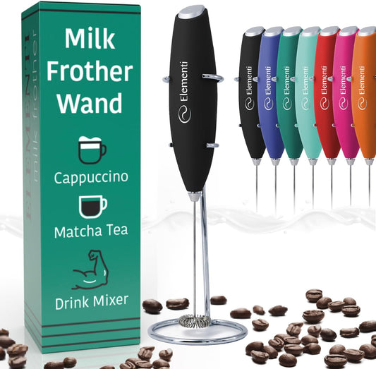 Elementi Milk Frother Wand & Matcha Mixer, Mini Electric Whisk for Coffee - Frother for Coffee - Milk Frother Handheld - Coffee Stirrers Electric Matcha Frother & Hand Whisk (Black)