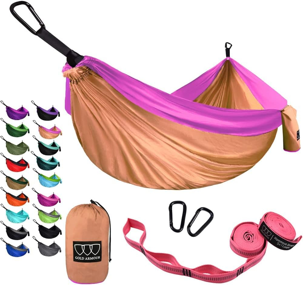 Gold Armour Camping Hammock - Portable Hammock Single Hammock Camping Accessories Gear for Outdoor Indoor Adult Kids, USA Based Brand (Light Blue & Grey)