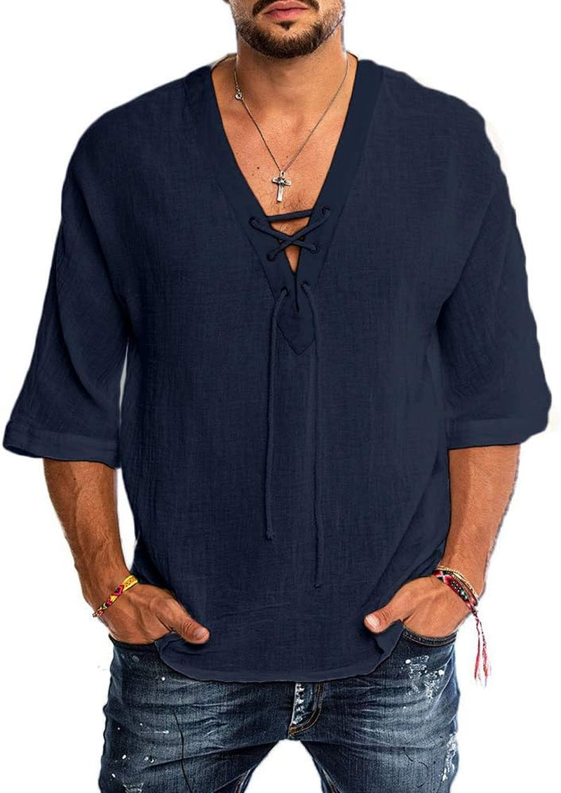 Mens Cotton Linen Henley Shirt Drawstring Half Sleeve Hippie Casual Lace up T Shirt Summer Beach Tops