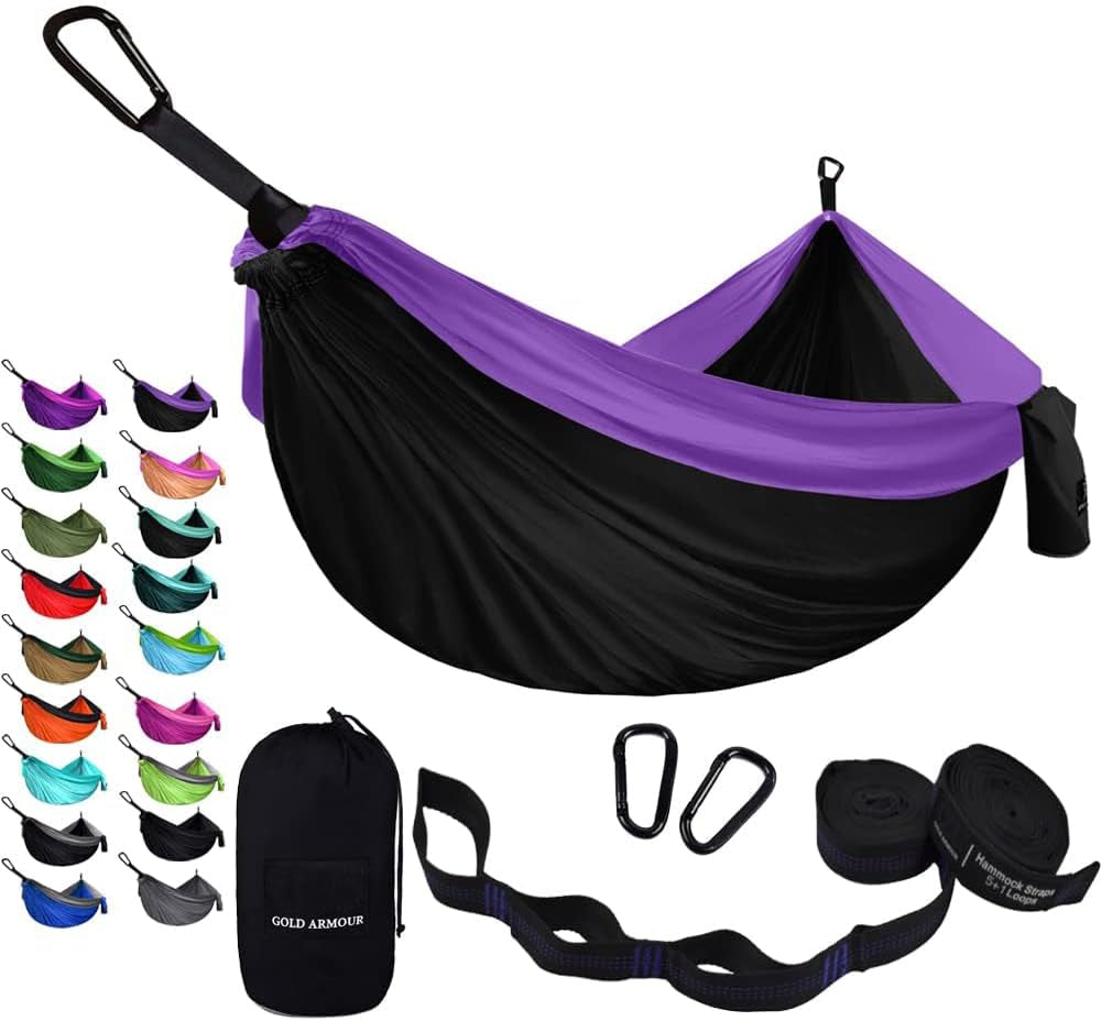 Gold Armour Camping Hammock - Portable Hammock Single Hammock Camping Accessories Gear for Outdoor Indoor Adult Kids, USA Based Brand (Light Blue & Grey)