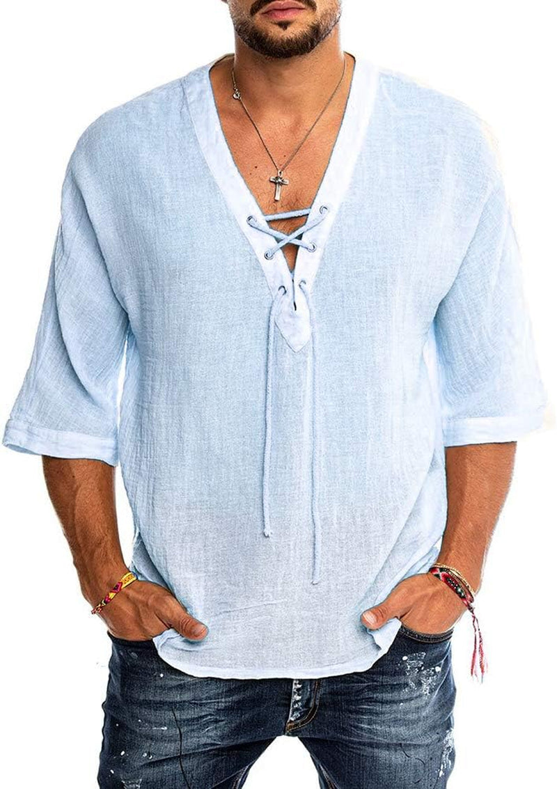 Mens Cotton Linen Henley Shirt Drawstring Half Sleeve Hippie Casual Lace up T Shirt Summer Beach Tops