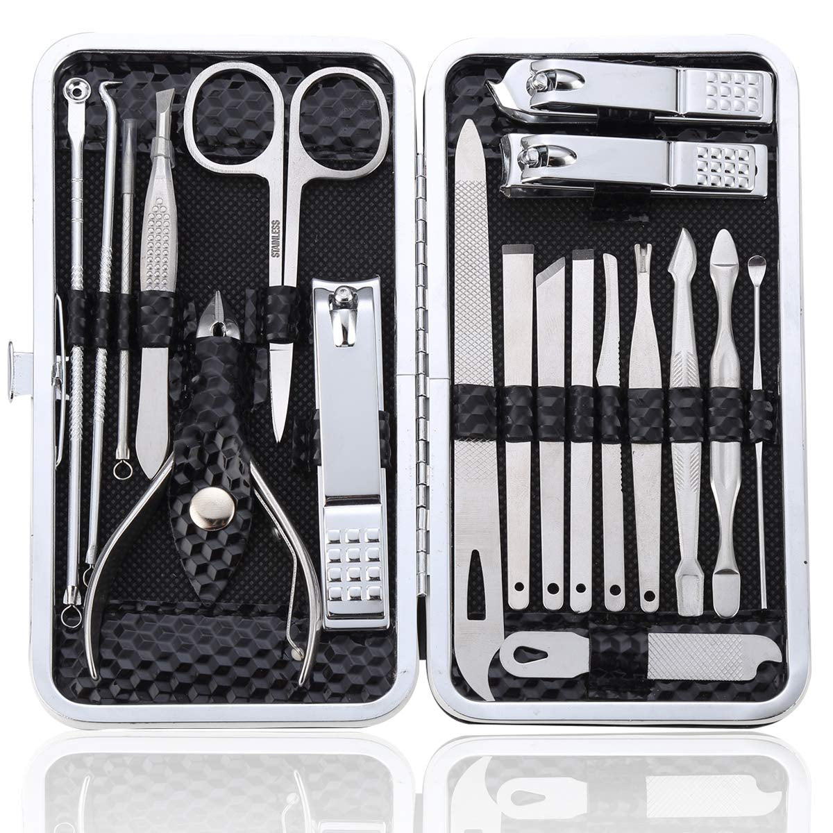 Manicure Set Pedicure Kit Professional 19 Pcs Nail Clipper for Men & Women Stainless Steel Sharp Cutter Grooming Nose Hair Scissors…Black Fingernails & Toenails with Portable Case (Wine Red_19 Pieces)