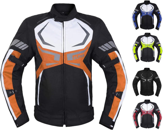 MOTORCYCLE JACKET MENS CE ARMORED BIKERS RIDING RACING WATERPROOF ALL SEASON JACKET (ORANGE, X-LARGE)