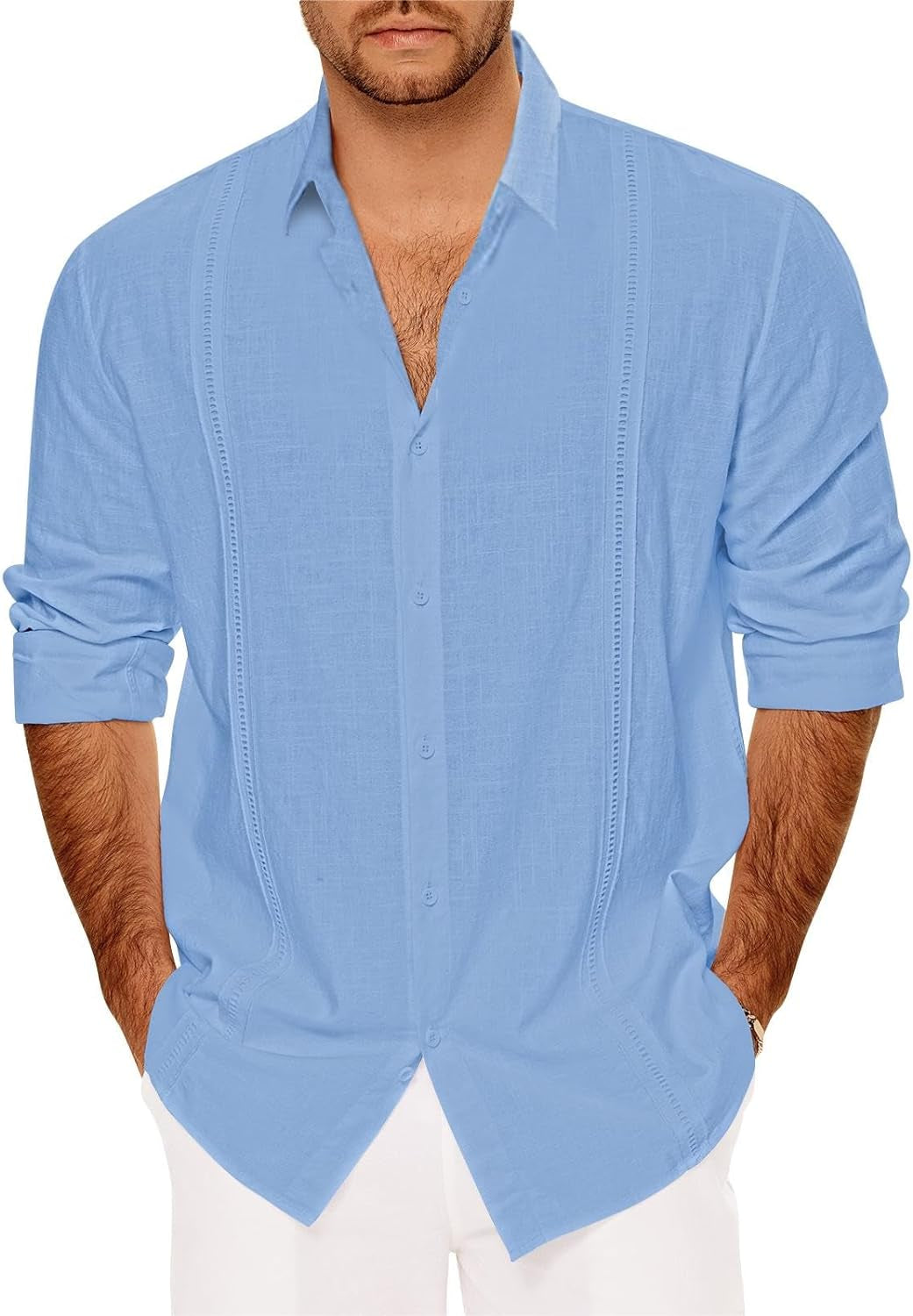 Mens Casual Long Sleeve Cotton Linen Shirts Buttons down Solid Plain Roll-Up Sleeve Summer Beach Shirts