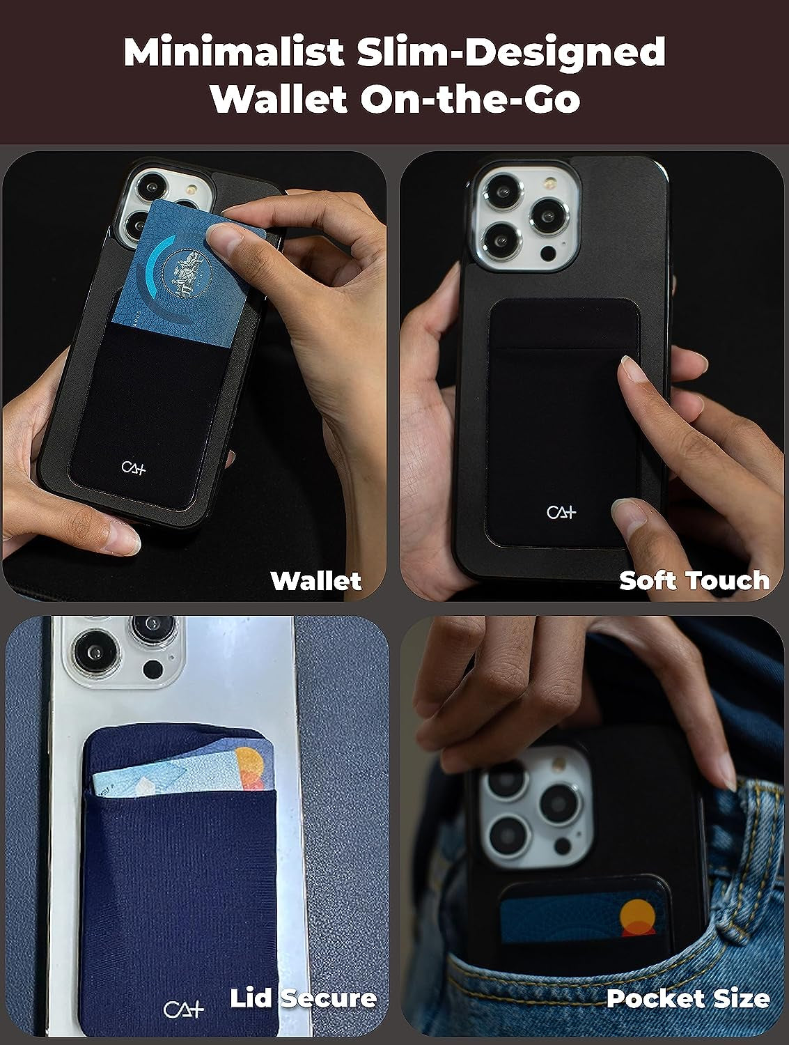 CA+ Phone Wallet Card Holder for Phone Case Sleeves Stick on Wallet for Cell Phone Card Holder Durable Adhesive Sticker ID Credit Card Holder for Back of Phone (Black + Mint)