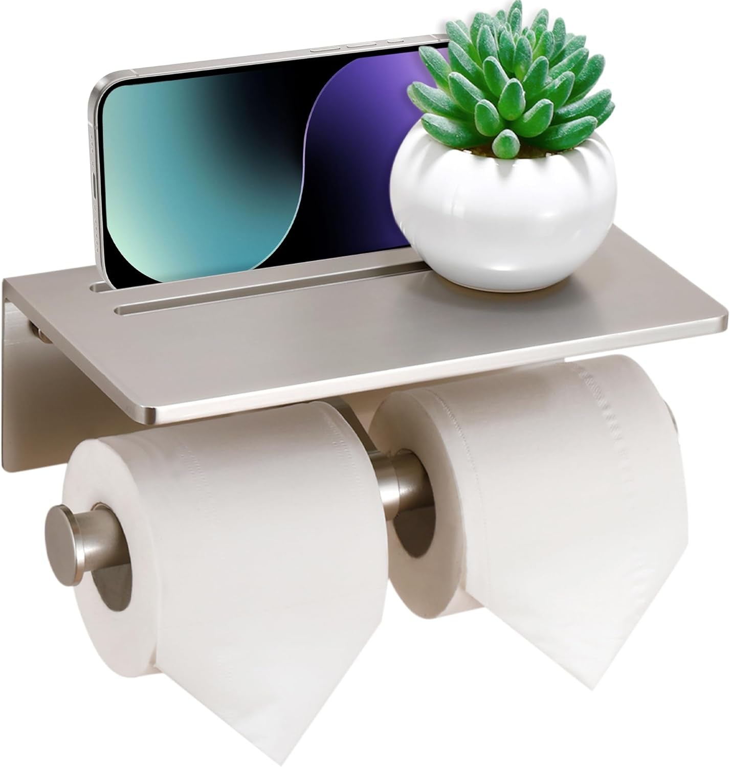 Smarthome Toilet Paper Holder with Shelf, Aluminum Tissue Roll Dispenser with Mobile Phone Storage Shelf for Bathroom, 3M Self Adhesiv or Wall-Mounted with Screws, Antique Brass