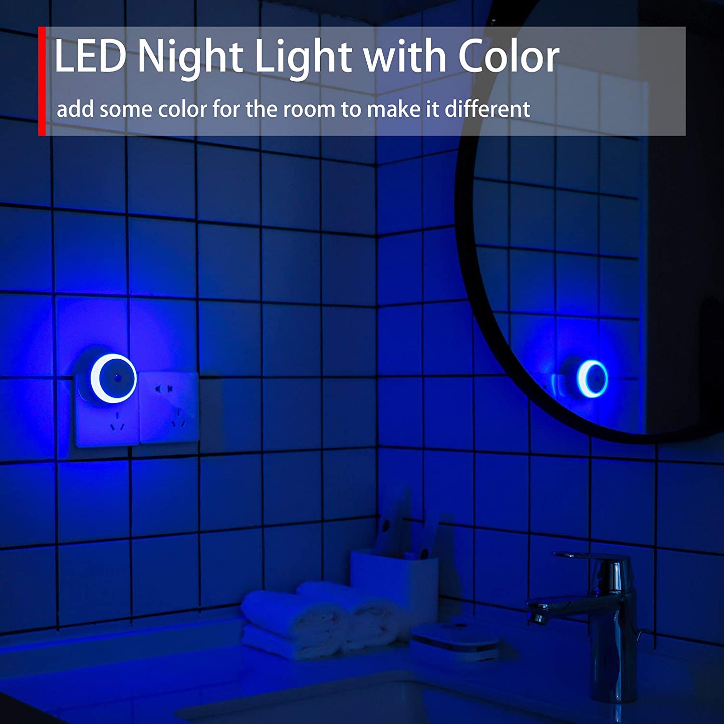 Blue LED Night Light, Plug In, Dusk to Dawn Smart Sensor, Small Nightlight, Energy Saving, Soft Glow, Night Light Plug into Wall for Bathroom, Kitchen, Bedroom, Hallway, Stairway, Round, 2 Pack