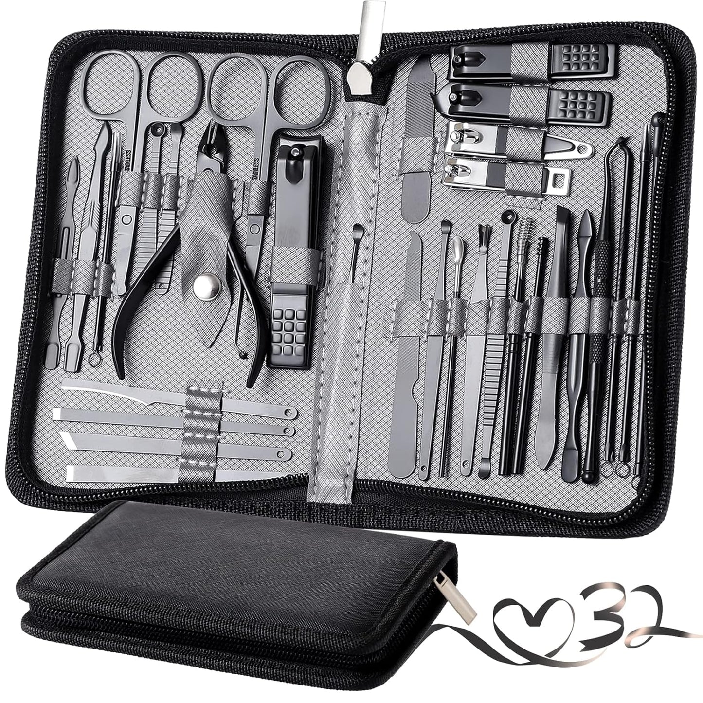 Manicure Set Pedicure Kit Professional 19 Pcs Nail Clipper for Men & Women Stainless Steel Sharp Cutter Grooming Nose Hair Scissors…Black Fingernails & Toenails with Portable Case (Wine Red_19 Pieces)