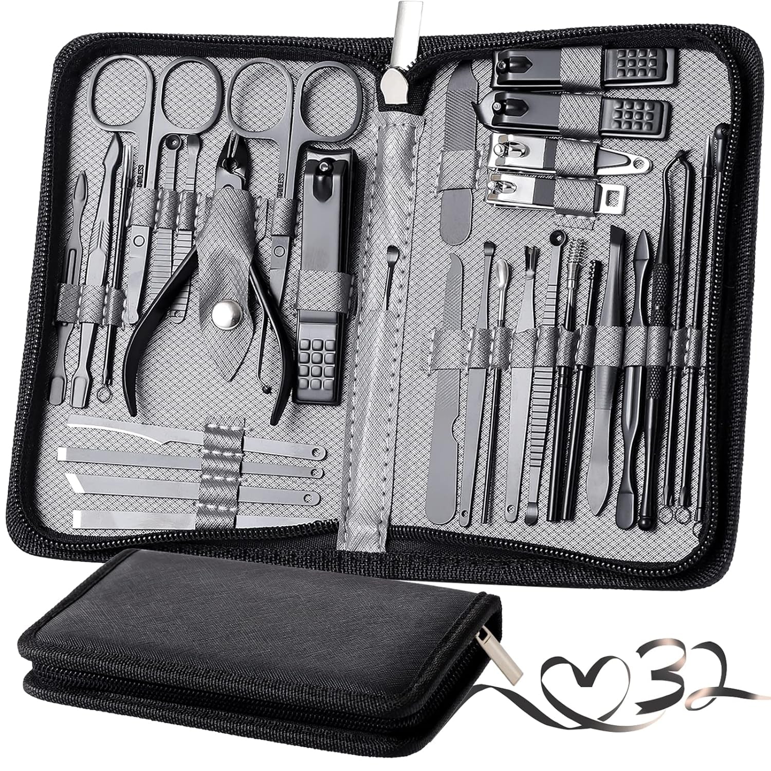 Manicure Set Pedicure Kit Professional 19 Pcs Nail Clipper for Men & Women Stainless Steel Sharp Cutter Grooming Nose Hair Scissors…Black Fingernails & Toenails with Portable Case (Wine Red_19 Pieces)