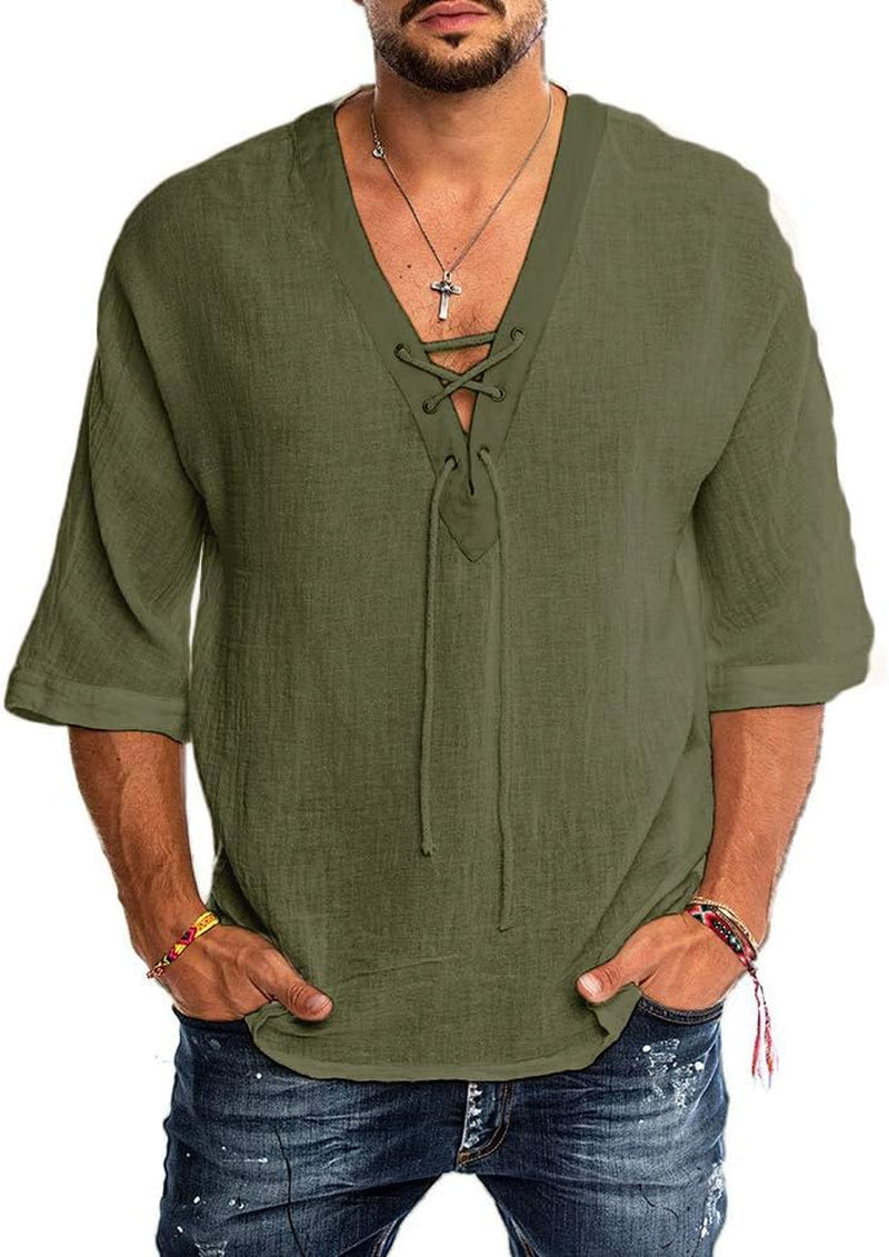 Mens Cotton Linen Henley Shirt Drawstring Half Sleeve Hippie Casual Lace up T Shirt Summer Beach Tops