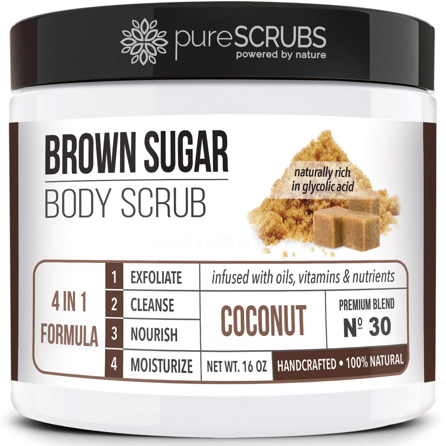 Purescrubs Premium Organic Brown Sugar UNSCENTED FACE & BODY SCRUB Set - Large 16Oz, Infused with Organic Essential Oils & Nutrients INCLUDES Wooden Spoon, Loofah & Mini Exfoliating Bar Soap