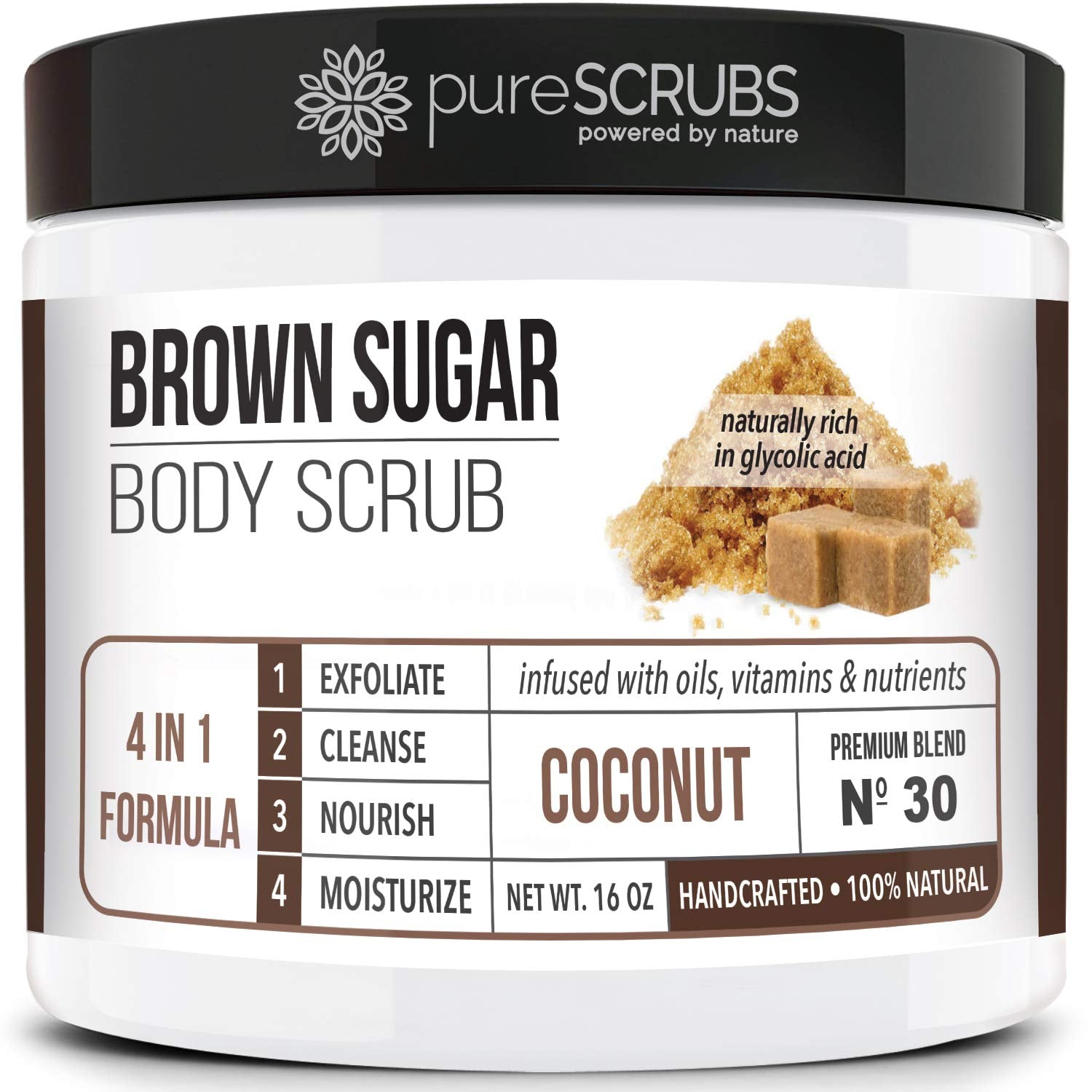 Purescrubs Premium Organic Brown Sugar UNSCENTED FACE & BODY SCRUB Set - Large 16Oz, Infused with Organic Essential Oils & Nutrients INCLUDES Wooden Spoon, Loofah & Mini Exfoliating Bar Soap
