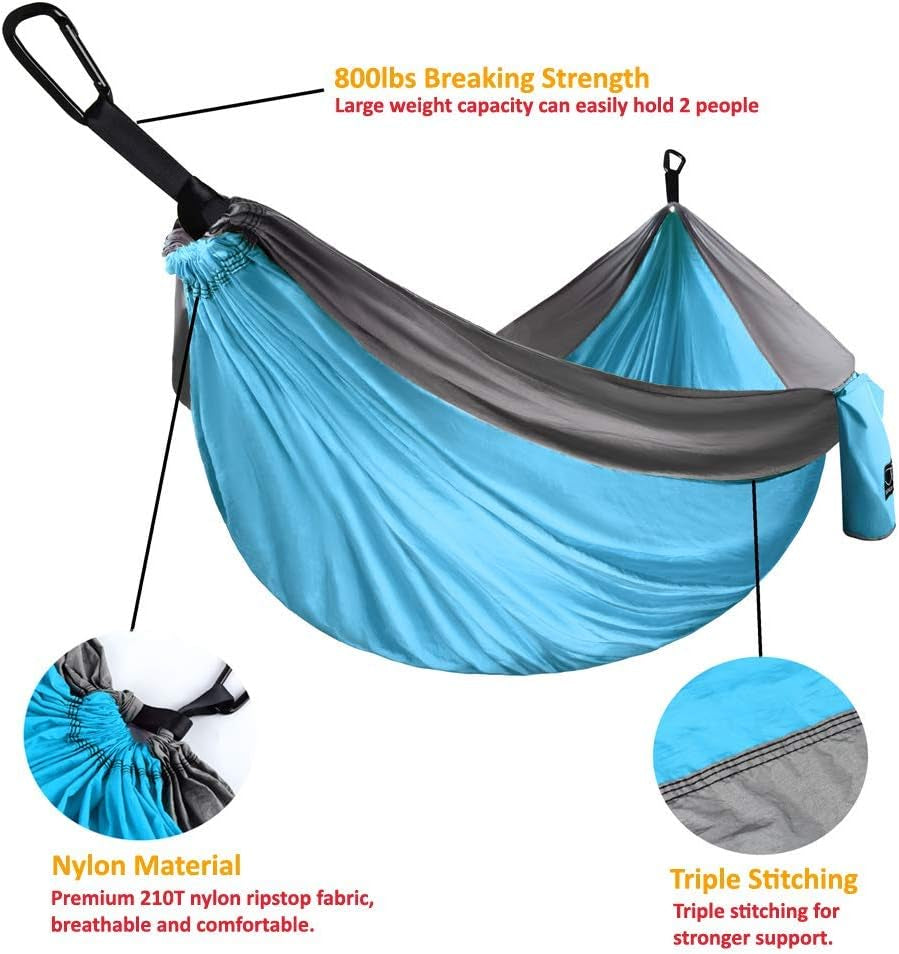 Gold Armour Camping Hammock - Portable Hammock Single Hammock Camping Accessories Gear for Outdoor Indoor Adult Kids, USA Based Brand (Light Blue & Grey)