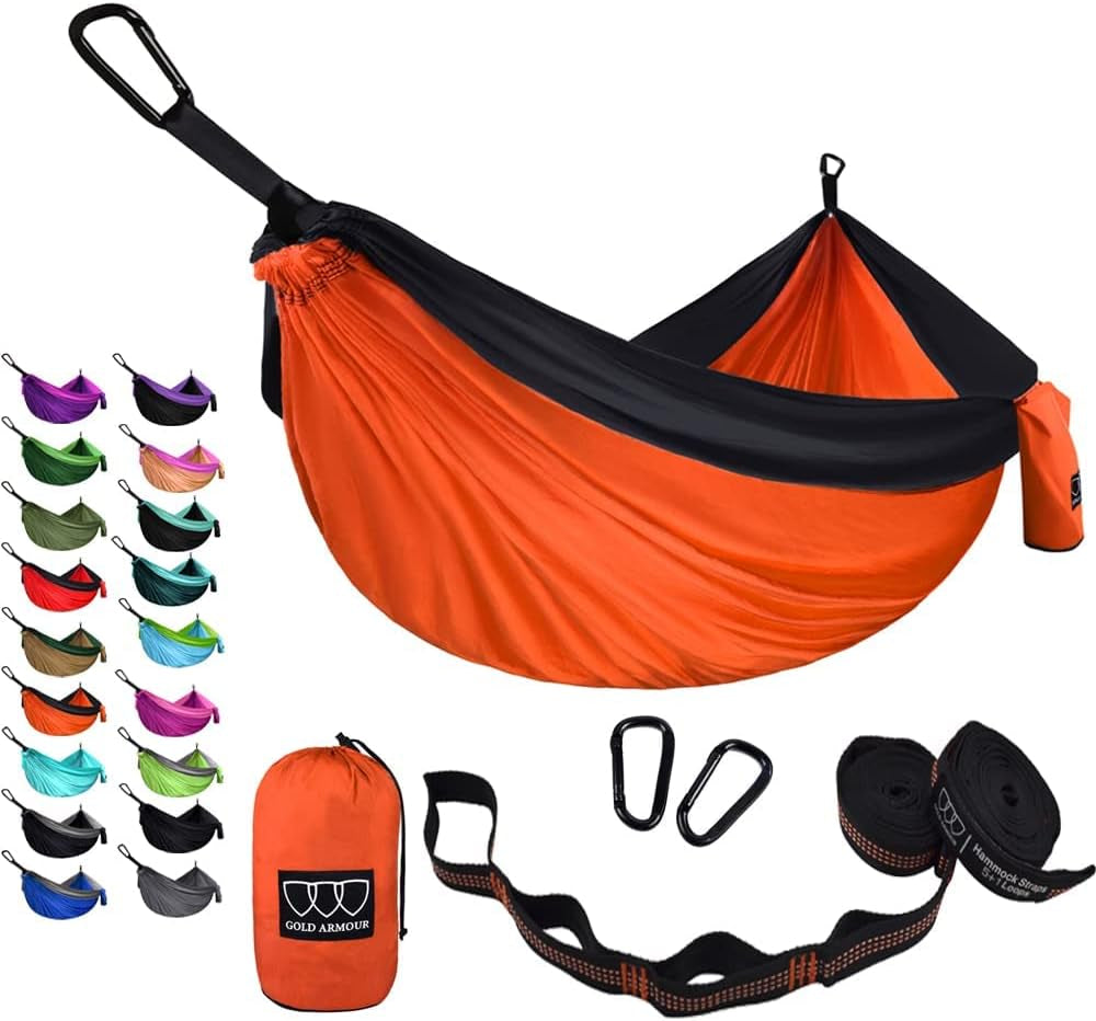 Gold Armour Camping Hammock - Portable Hammock Single Hammock Camping Accessories Gear for Outdoor Indoor Adult Kids, USA Based Brand (Light Blue & Grey)