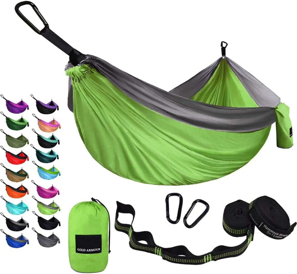 Gold Armour Camping Hammock - Portable Hammock Single Hammock Camping Accessories Gear for Outdoor Indoor Adult Kids, USA Based Brand (Light Blue & Grey)