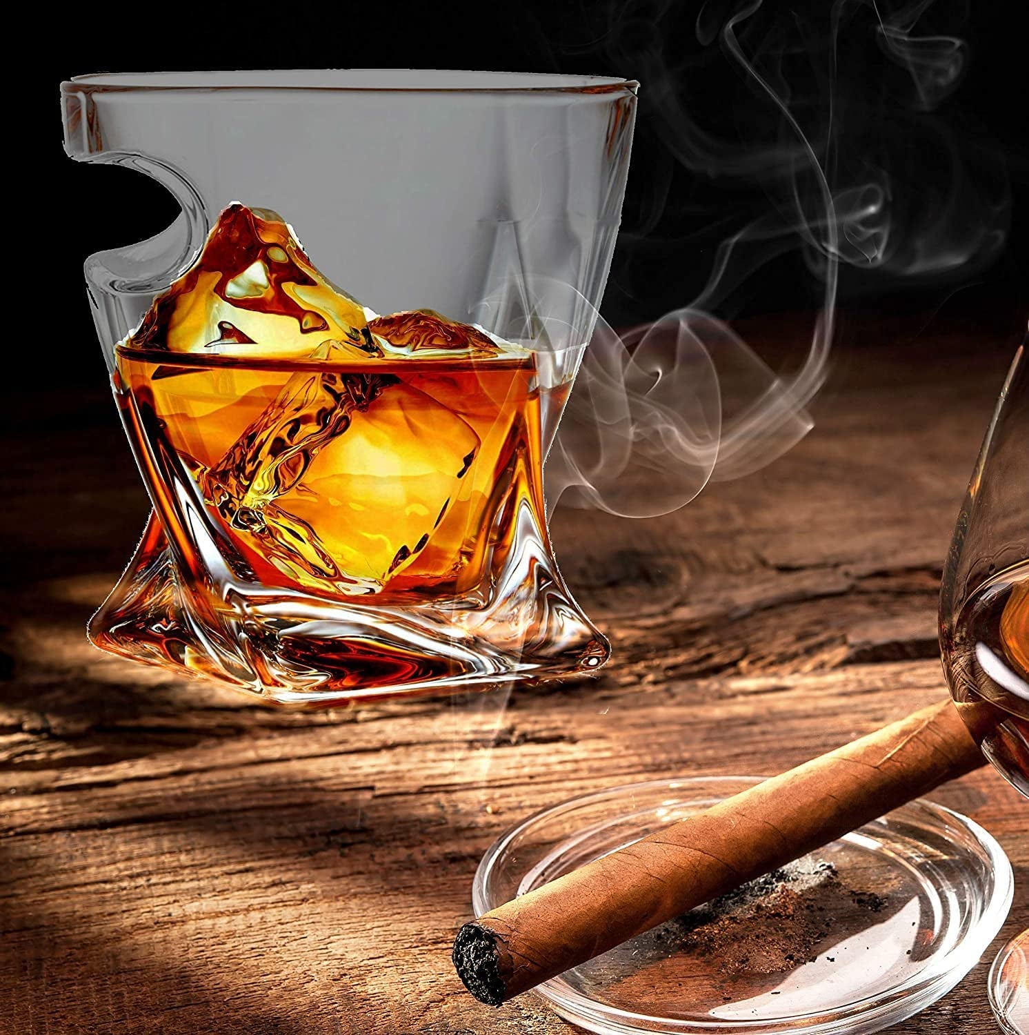 Bezrat Old Fashioned Whiskey Cigar Glasses with Side Mounted Cigar Holder + Whisky Chilling Stones and Accessories in Wooden Box - Scotch Bourbon Set for Dad, Husband, Fathers Day, Birthday Gift Set