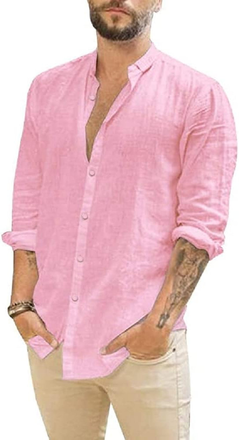 Mens Casual Long Sleeve Cotton Linen Shirts Buttons down Solid Plain Roll-Up Sleeve Summer Beach Shirts