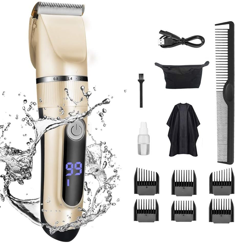 Electric Hair Clippers for Men - Hair Trimmers Kits Hair Cutting Kits Barber Kits Professional LED Display Rechargeable Cordless Waterproof (Golden)