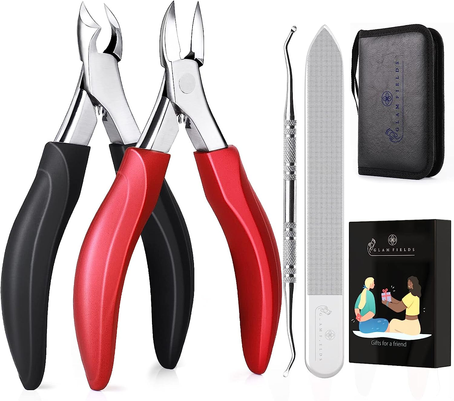 GLAMFIELDS Nail Clipper with Catcher, Large Fingernail Toenail Clipper,Slanted Edge Nail Clippers Leather Case Packed Good Gift for Men and Women 2PACK