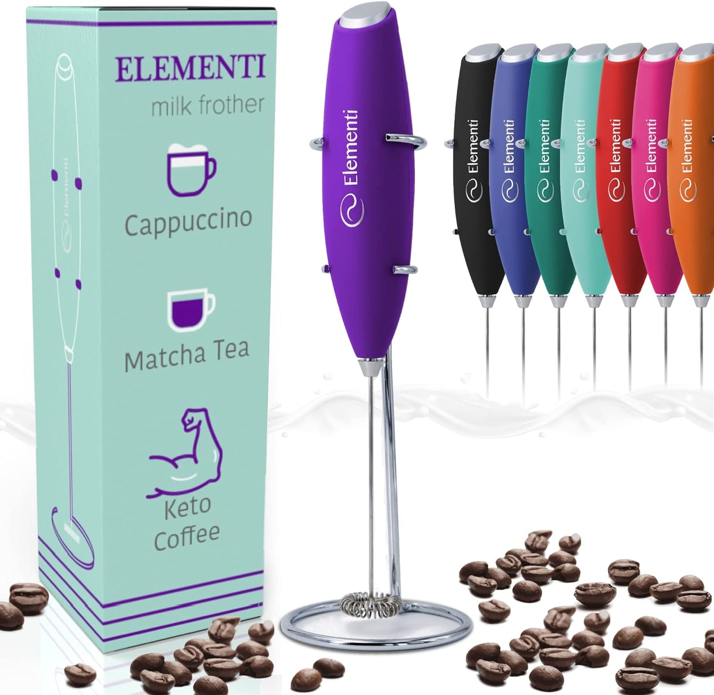 Elementi Milk Frother Wand & Matcha Mixer, Mini Electric Whisk for Coffee - Frother for Coffee - Milk Frother Handheld - Coffee Stirrers Electric Matcha Frother & Hand Whisk (Black)