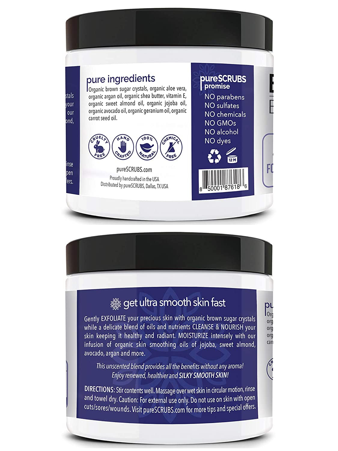 Purescrubs Premium Organic Brown Sugar UNSCENTED FACE & BODY SCRUB Set - Large 16Oz, Infused with Organic Essential Oils & Nutrients INCLUDES Wooden Spoon, Loofah & Mini Exfoliating Bar Soap
