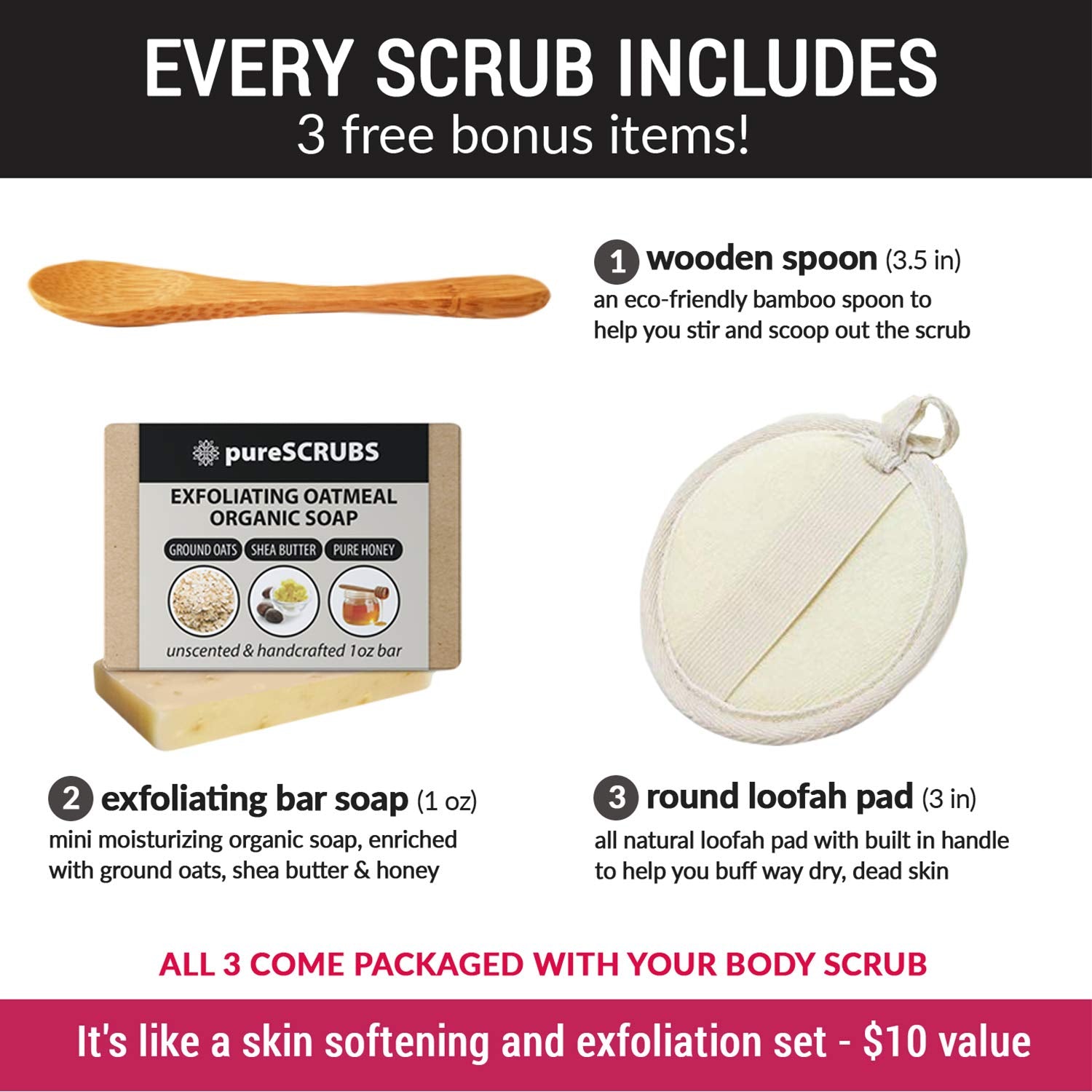 Purescrubs Premium Organic Brown Sugar UNSCENTED FACE & BODY SCRUB Set - Large 16Oz, Infused with Organic Essential Oils & Nutrients INCLUDES Wooden Spoon, Loofah & Mini Exfoliating Bar Soap