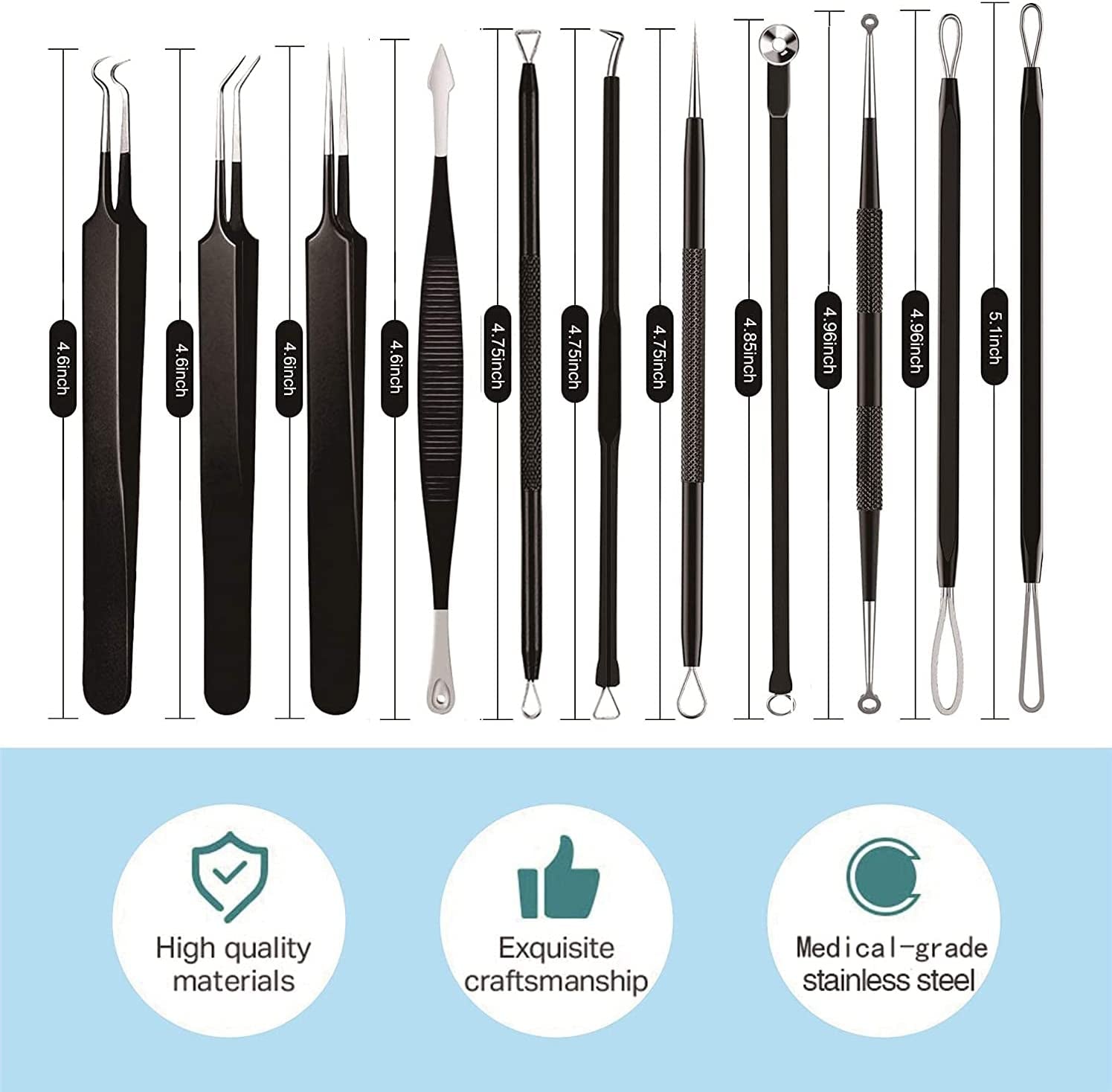 Pimple Popper Tool Kit 11 Pcs, Ybaoo Blackhead Remover Pimple Extractor Tools with Metal Case for Quick and Easy Removal of Blackheads,Pimples,Whiteheads,Zit Popper,Forehead,Facial and Nose (Black)