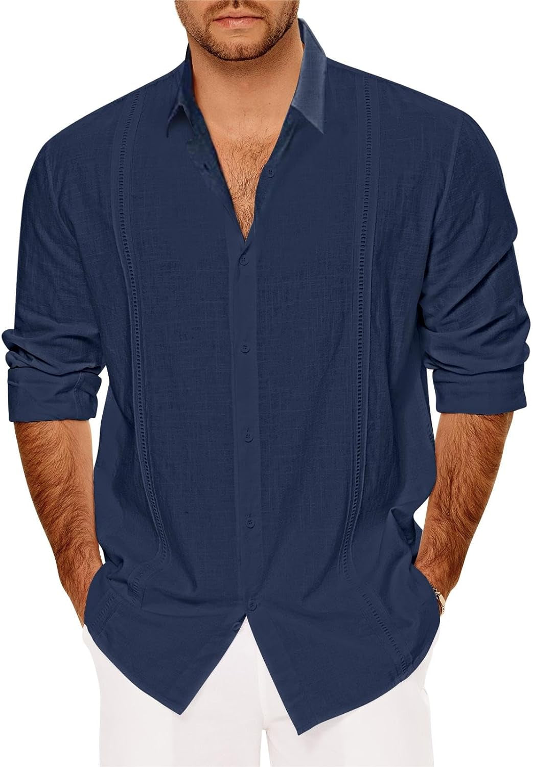 Mens Casual Long Sleeve Cotton Linen Shirts Buttons down Solid Plain Roll-Up Sleeve Summer Beach Shirts