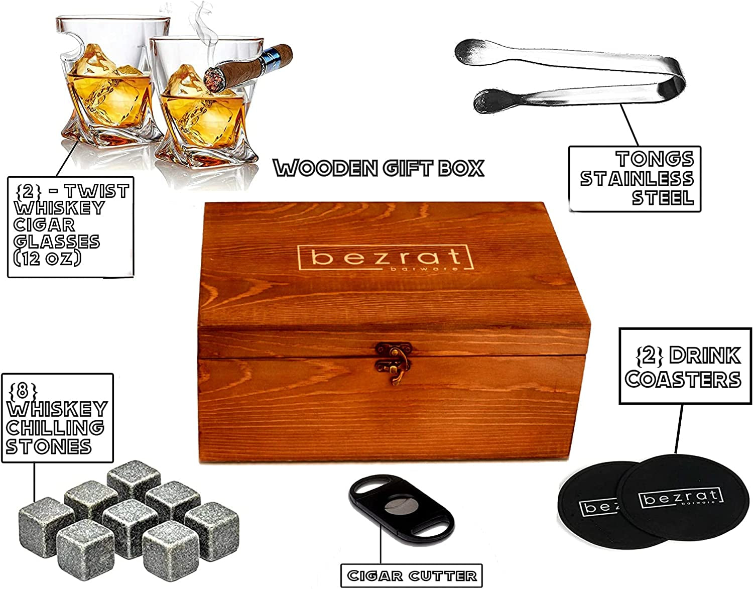 Bezrat Old Fashioned Whiskey Cigar Glasses with Side Mounted Cigar Holder + Whisky Chilling Stones and Accessories in Wooden Box - Scotch Bourbon Set for Dad, Husband, Fathers Day, Birthday Gift Set