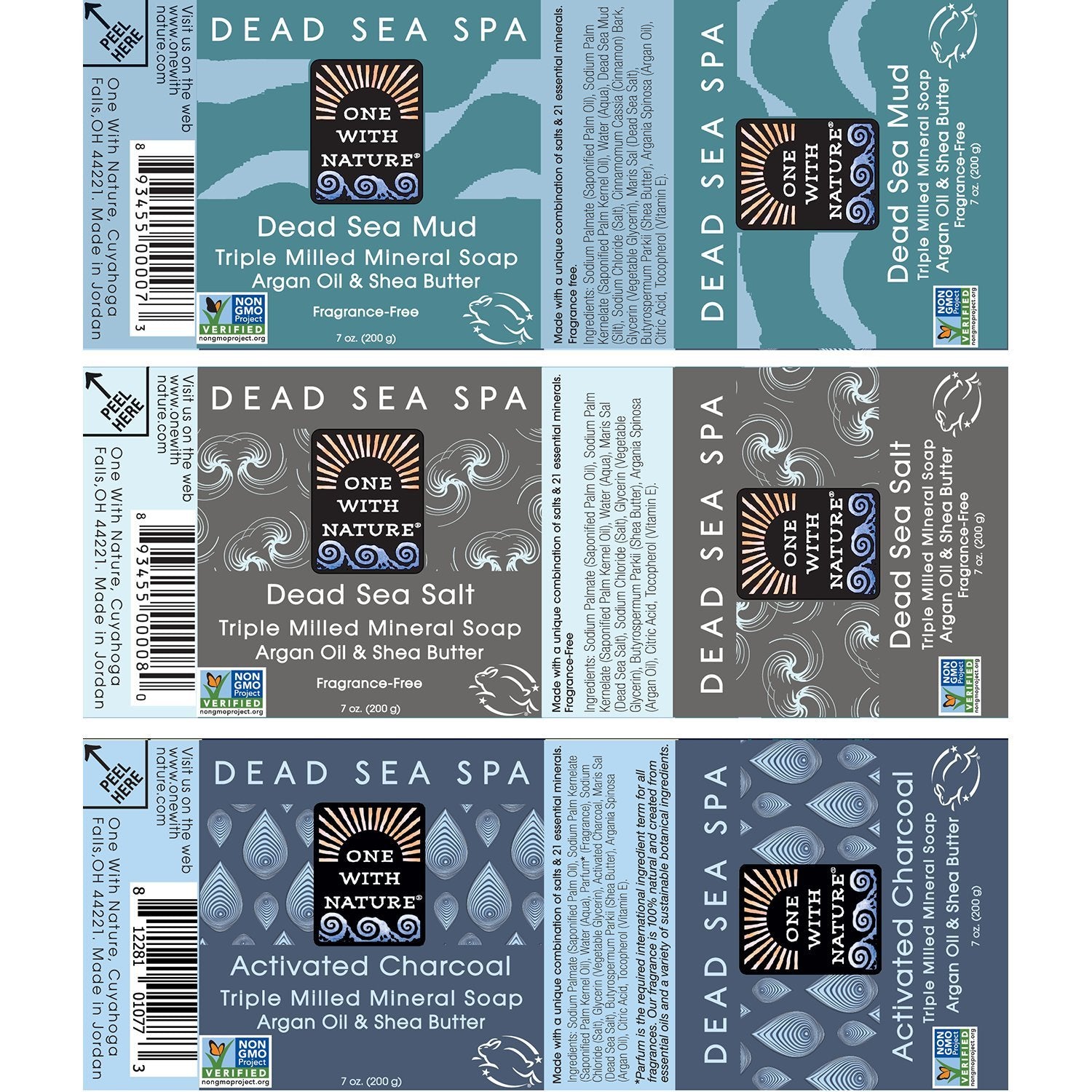 One with Nature 4 Oz Variety 3Pk-Mud, Activated Charcoal, and Dead Sea Mineral Soap with Argan Oil & Shea Butter - Dead Sea Salt Contains Magnesium, Sulfur & 21 Essential Minerals - Acne, Eczema