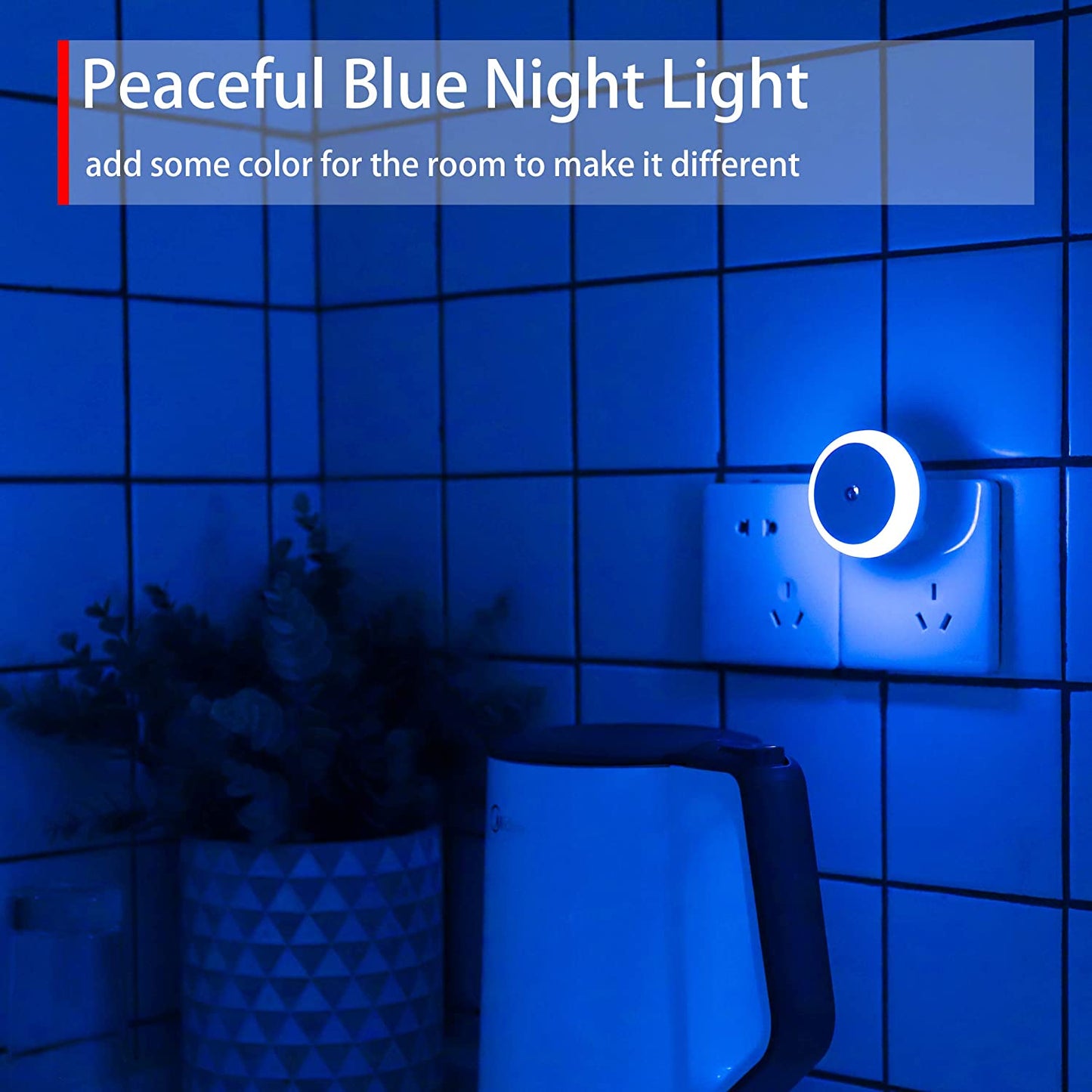 Blue LED Night Light, Plug In, Dusk to Dawn Smart Sensor, Small Nightlight, Energy Saving, Soft Glow, Night Light Plug into Wall for Bathroom, Kitchen, Bedroom, Hallway, Stairway, Round, 2 Pack