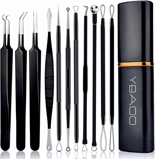 Pimple Popper Tool Kit 11 Pcs, Ybaoo Blackhead Remover Pimple Extractor Tools with Metal Case for Quick and Easy Removal of Blackheads,Pimples,Whiteheads,Zit Popper,Forehead,Facial and Nose (Black)