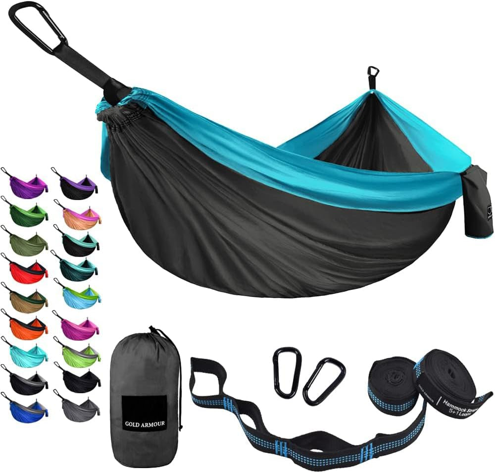 Gold Armour Camping Hammock - Portable Hammock Single Hammock Camping Accessories Gear for Outdoor Indoor Adult Kids, USA Based Brand (Light Blue & Grey)