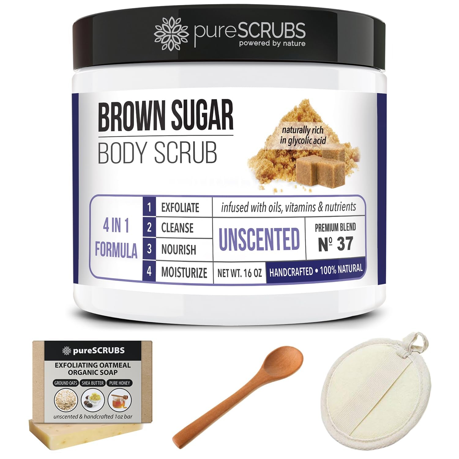 Purescrubs Premium Organic Brown Sugar UNSCENTED FACE & BODY SCRUB Set - Large 16Oz, Infused with Organic Essential Oils & Nutrients INCLUDES Wooden Spoon, Loofah & Mini Exfoliating Bar Soap