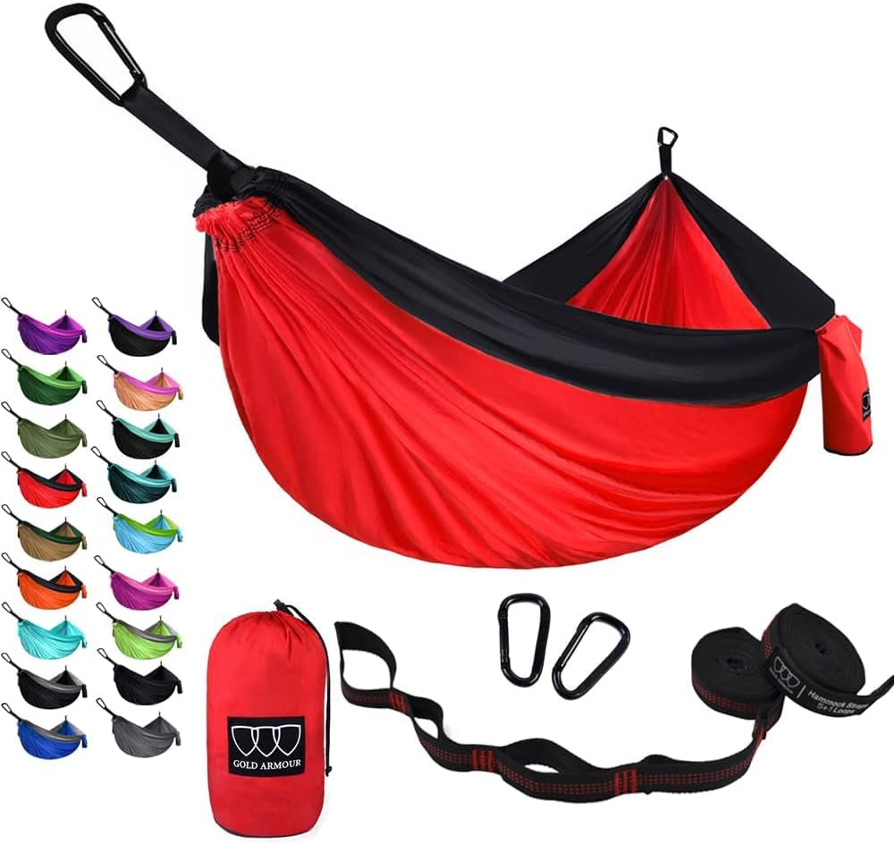 Gold Armour Camping Hammock - Portable Hammock Single Hammock Camping Accessories Gear for Outdoor Indoor Adult Kids, USA Based Brand (Light Blue & Grey)