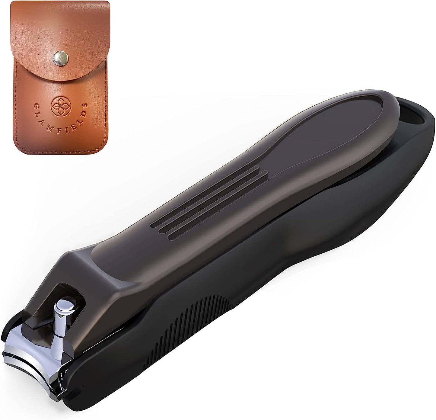 GLAMFIELDS Nail Clipper with Catcher, Large Fingernail Toenail Clipper,Slanted Edge Nail Clippers Leather Case Packed Good Gift for Men and Women 2PACK