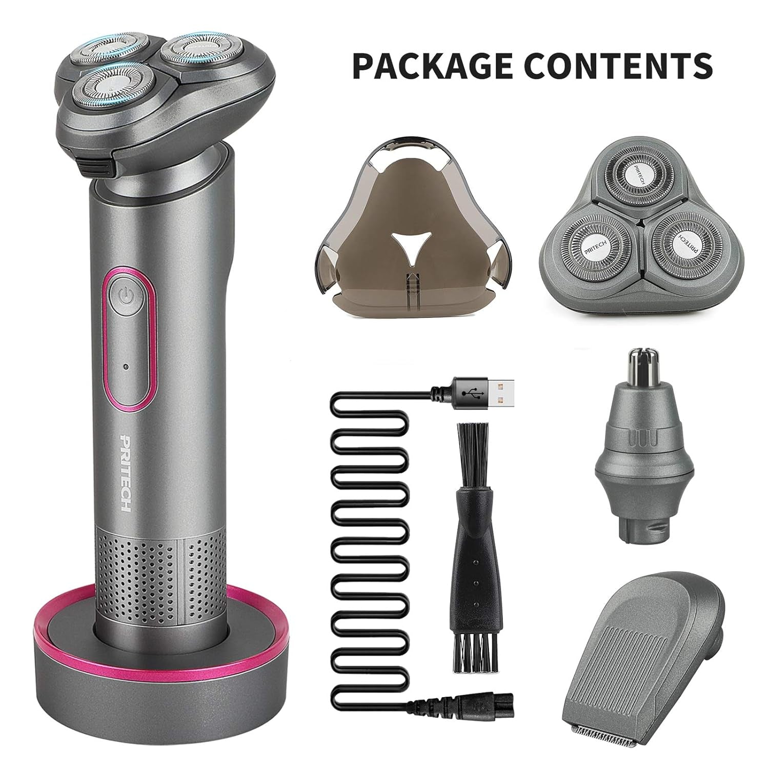 Electric Razor Rechargeable Face Shaver - Rotary Shaver Beard Nose Hair Trimmer, Waterproof Wet/Dry Shaving Kit with 3 in 1 Rotary Razor, Standing Rechargeable Base, USB Recharging, Aurora Gray