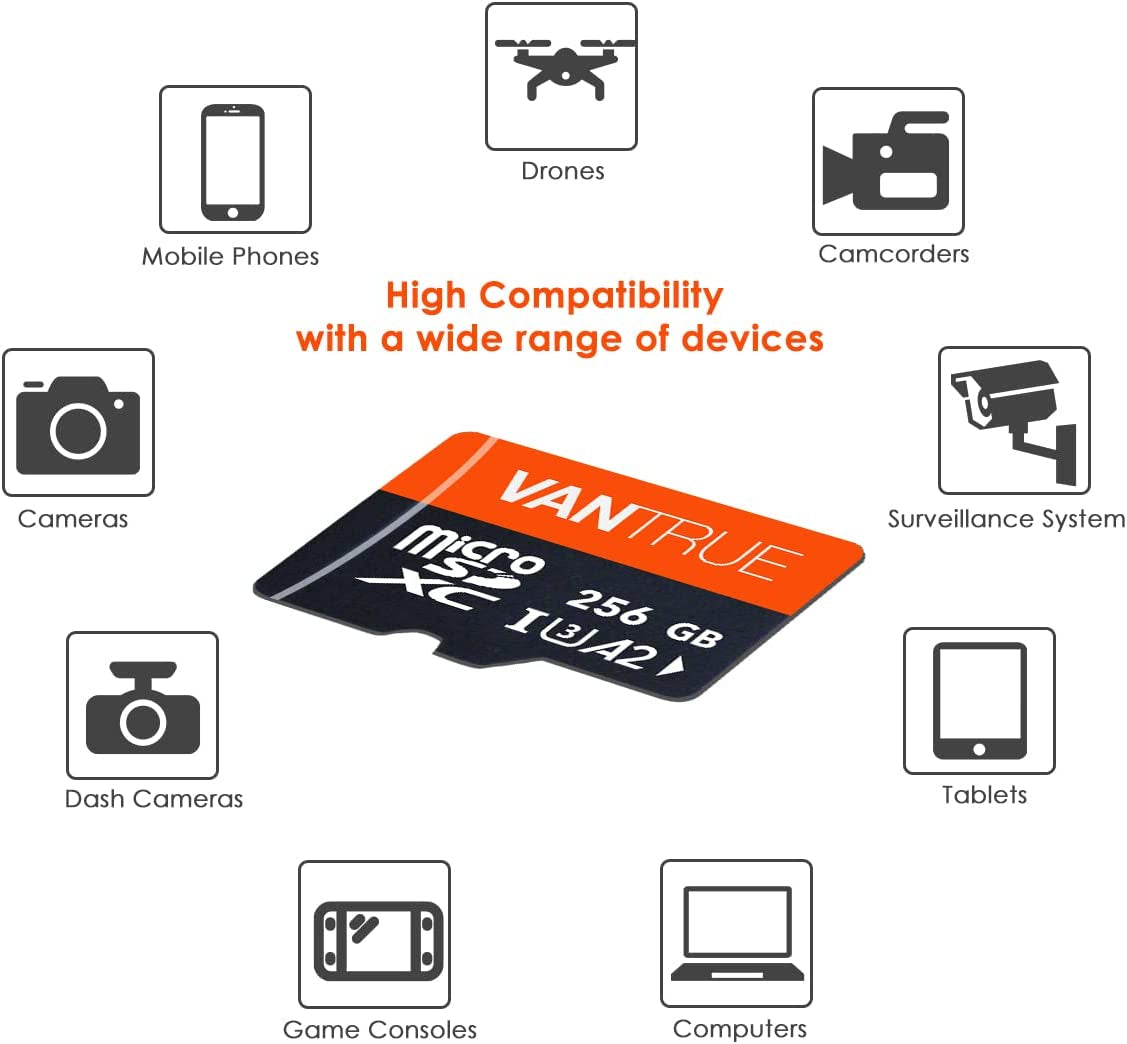 Vantrue 256GB Microsdxc UHS-I U3 4K UHD Video High Speed Transfer Monitoring SD Card with Adapter for Dash Cams, Body Cams, Action Camera, Surveillance & Security Cams