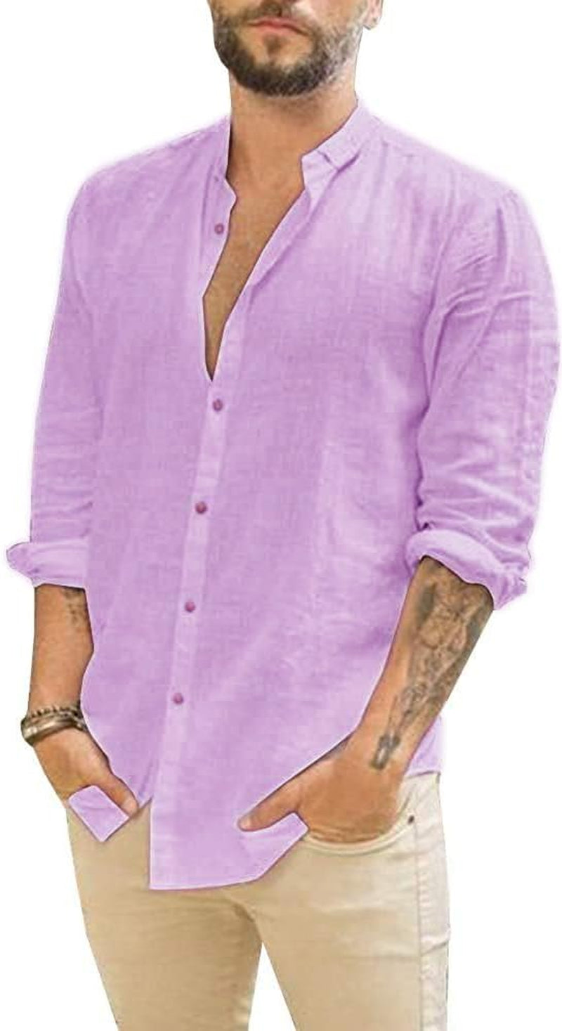 Mens Casual Long Sleeve Cotton Linen Shirts Buttons down Solid Plain Roll-Up Sleeve Summer Beach Shirts