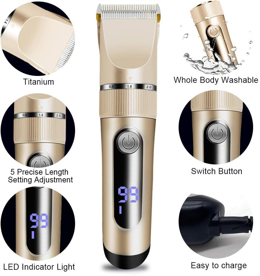 Electric Hair Clippers for Men - Hair Trimmers Kits Hair Cutting Kits Barber Kits Professional LED Display Rechargeable Cordless Waterproof (Golden)