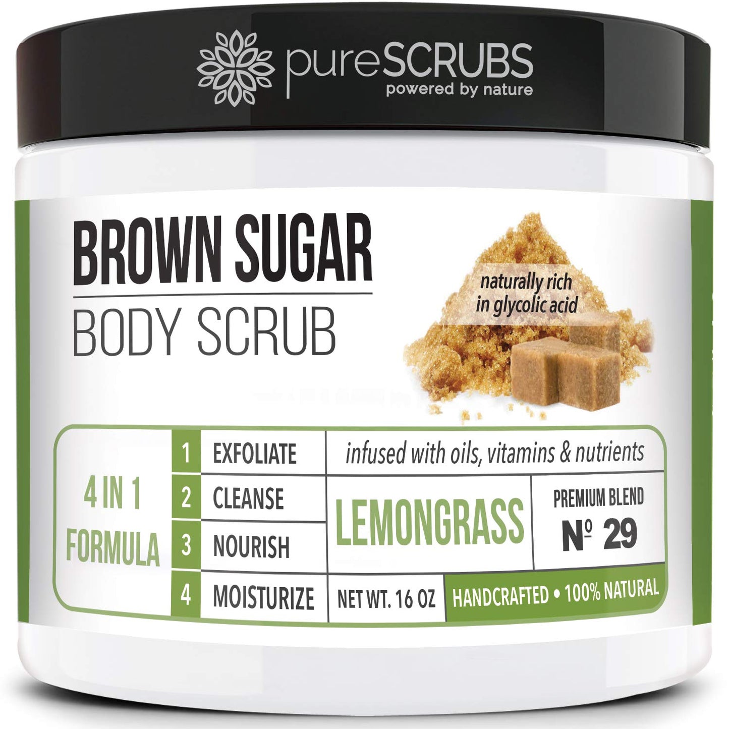 Purescrubs Premium Organic Brown Sugar UNSCENTED FACE & BODY SCRUB Set - Large 16Oz, Infused with Organic Essential Oils & Nutrients INCLUDES Wooden Spoon, Loofah & Mini Exfoliating Bar Soap