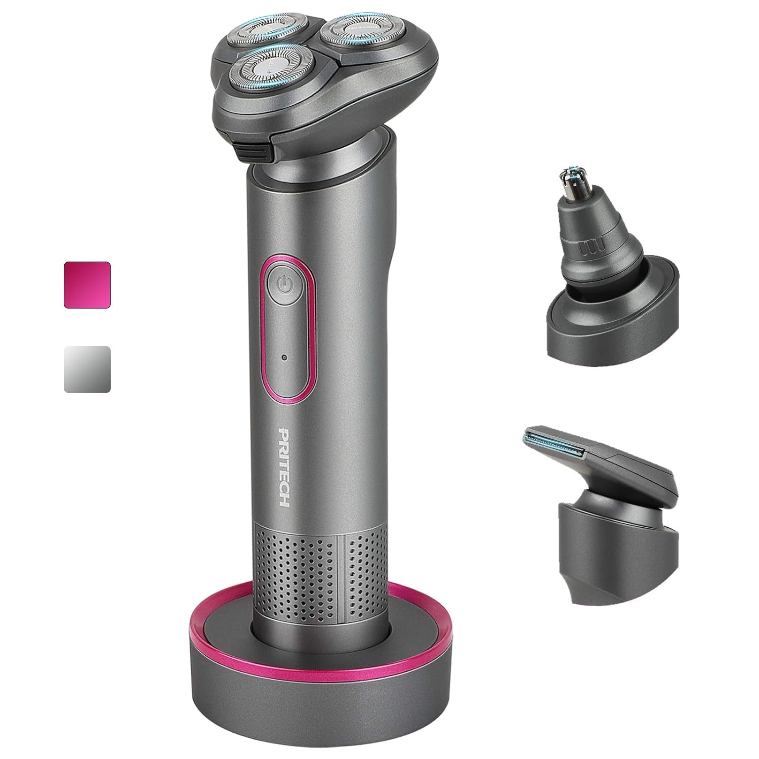 Electric Razor Rechargeable Face Shaver - Rotary Shaver Beard Nose Hair Trimmer, Waterproof Wet/Dry Shaving Kit with 3 in 1 Rotary Razor, Standing Rechargeable Base, USB Recharging, Aurora Gray